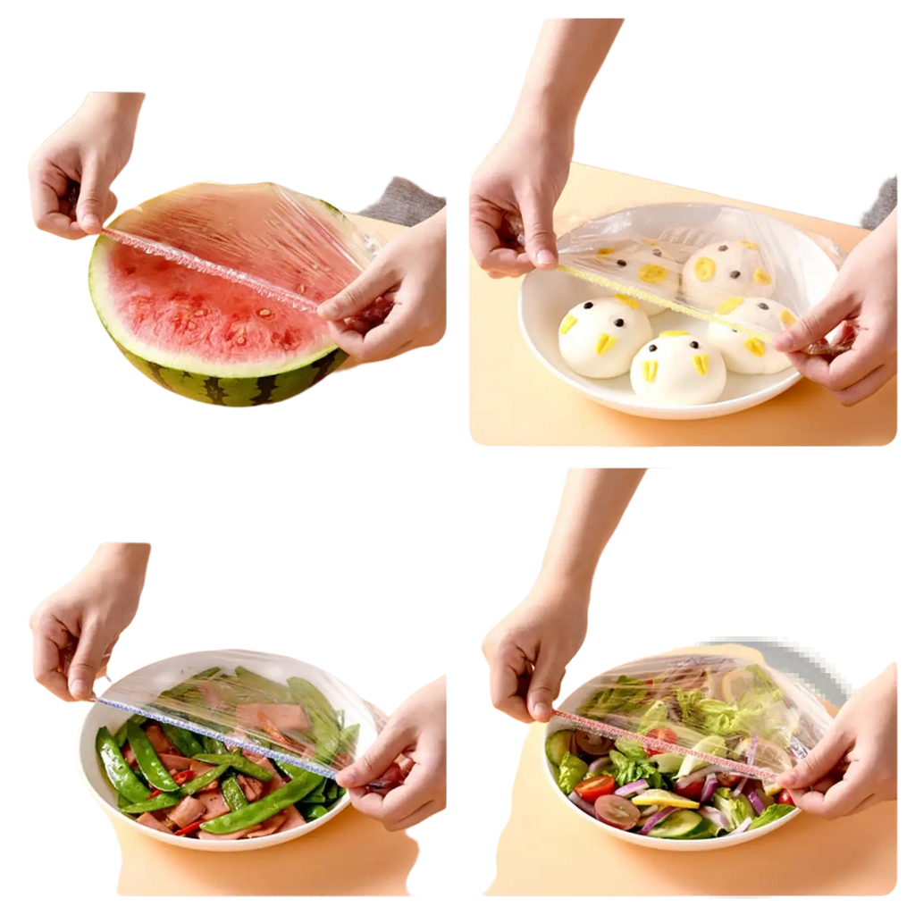 Elastic food storage covers 100pcs clear transparent plastic wrap with serrated edge for easy peeling and use