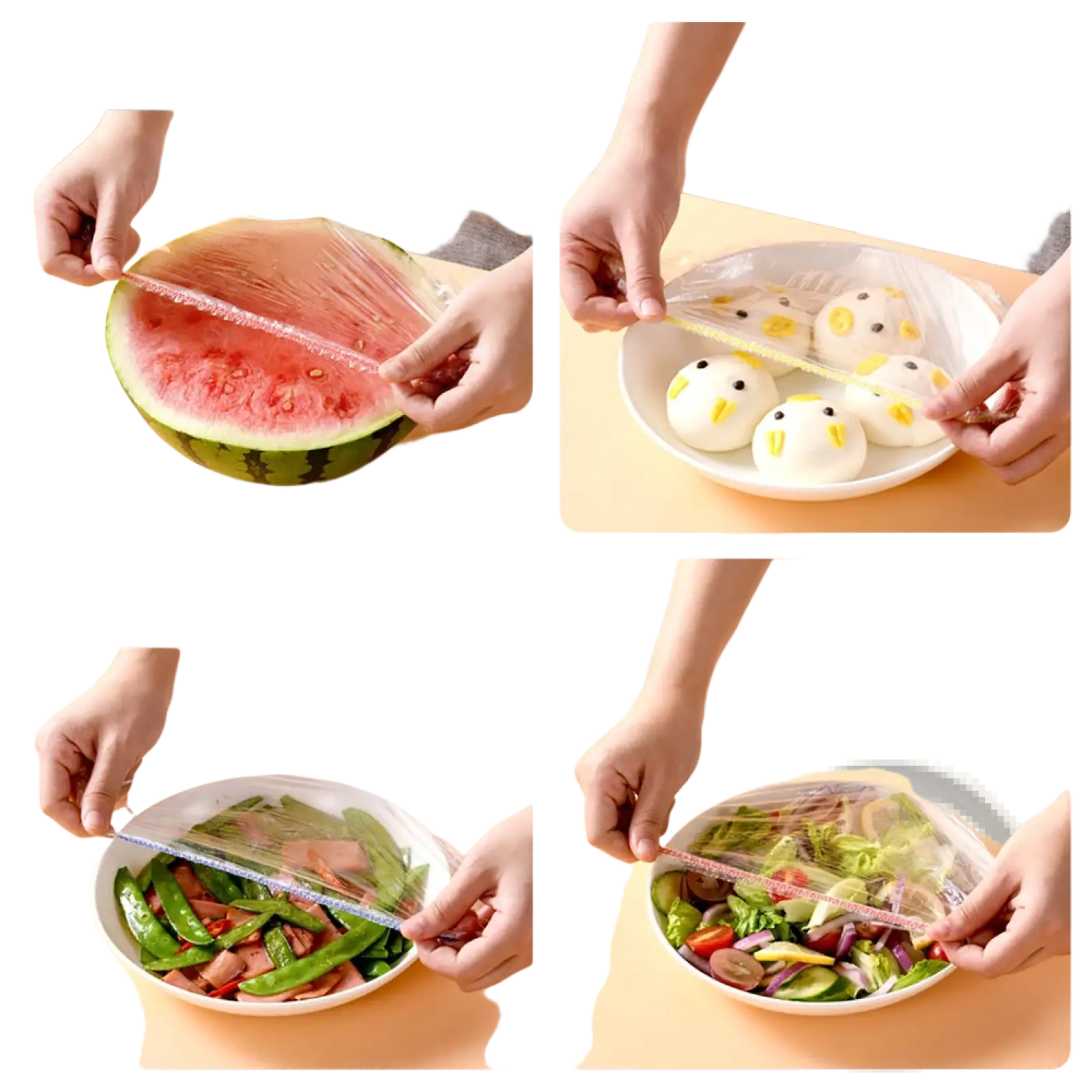 Elastic food storage covers 100pcs clear transparent plastic wrap with serrated edge for easy peeling and use