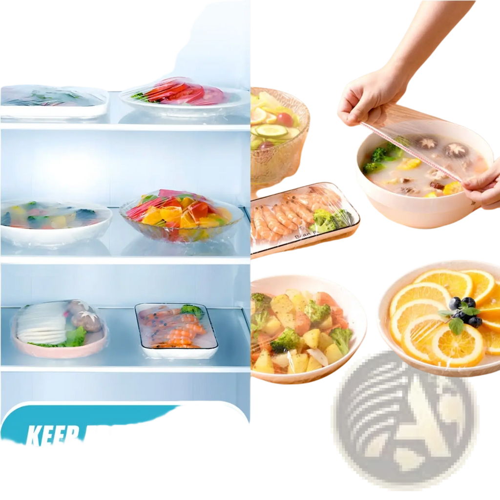 Transparent plastic elastic food storage covers 100pcs for bowls flexible and reusable food wrap in clear material