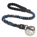 Blue and gray camouflage elastic large dog leash with black padded handle and metal carabiner clip for pet traction