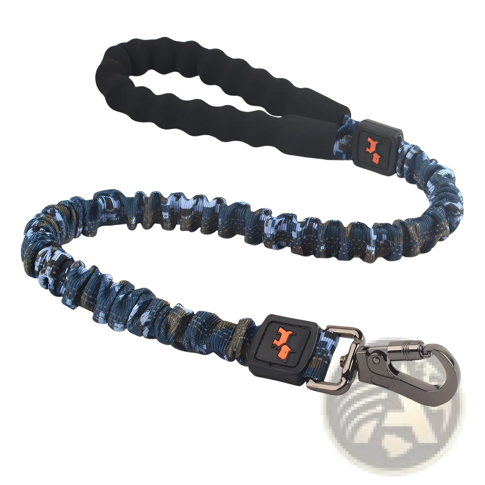 Blue and gray camouflage elastic large dog leash with black padded handle and metal carabiner clip for pet traction