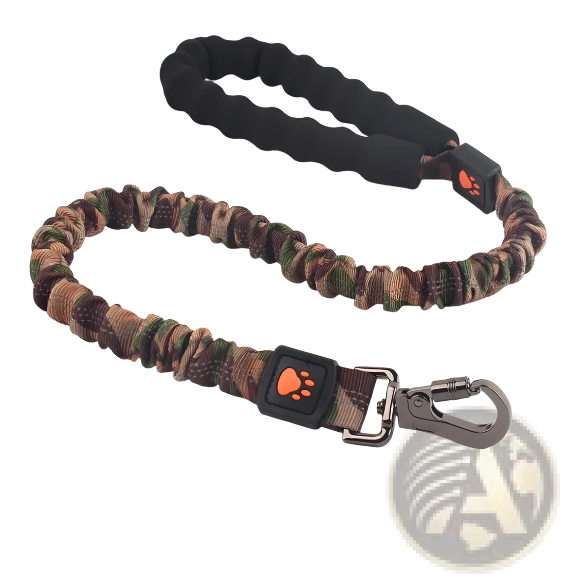 Elastic large dog leash with camouflage pattern elastic rope black padded handle and orange paw print accents