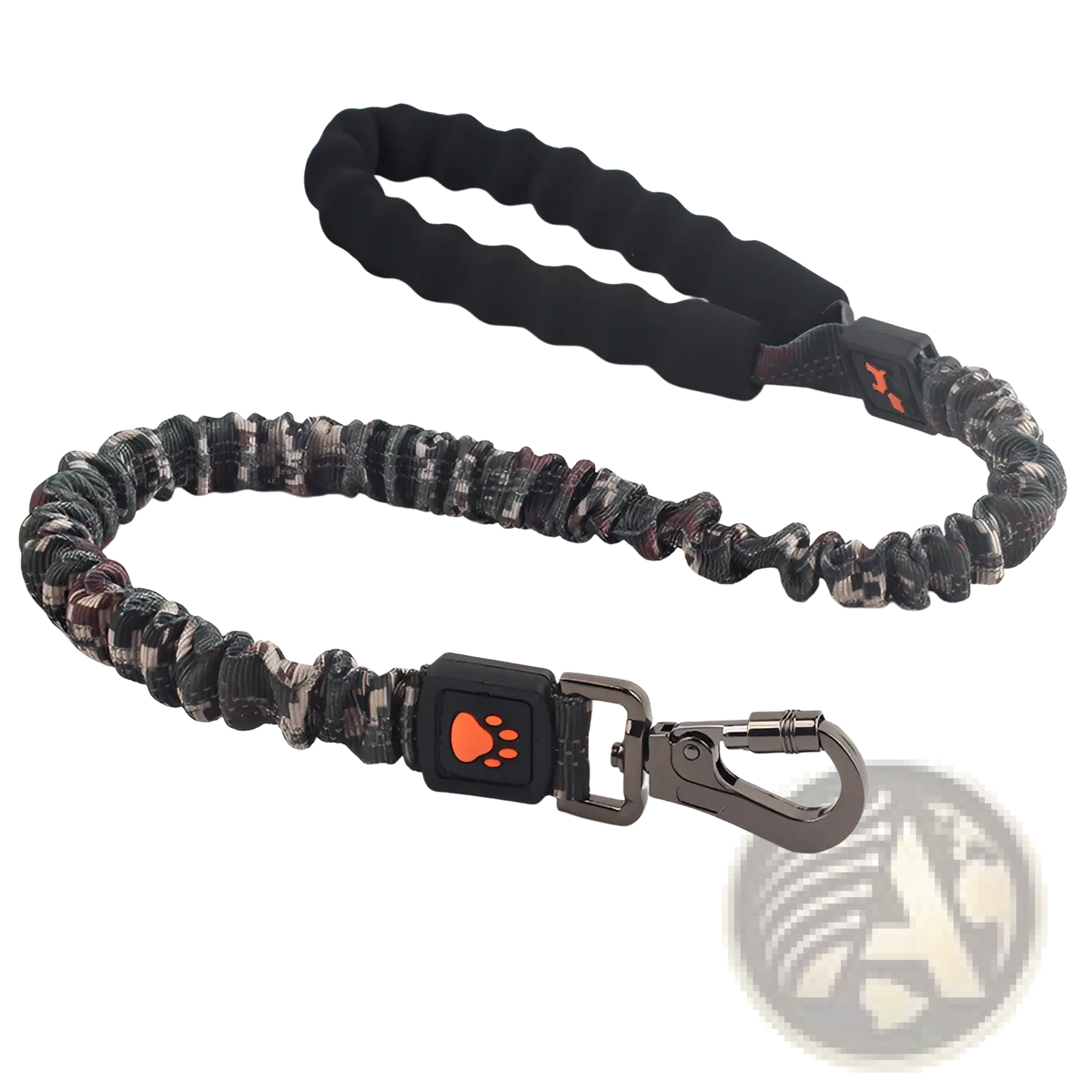 Elastic large dog leash with black and gray camouflage pattern, black grip handle, orange paw clip, and metal carabiner