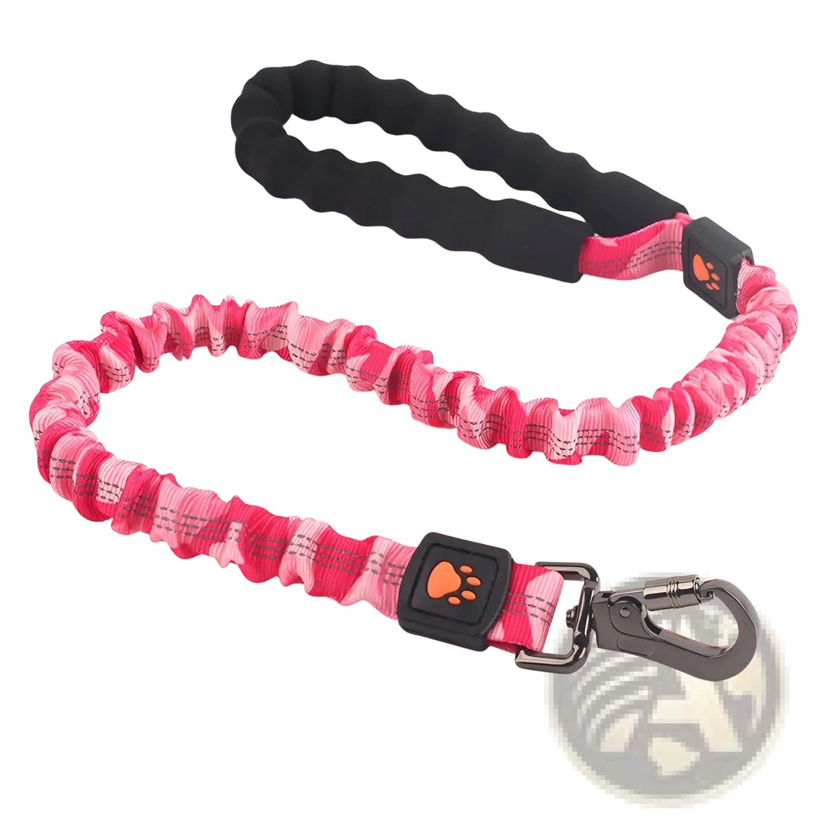 Elastic large dog leash camouflage pet traction rope in pink and black elastic with paw print logo on black connectors