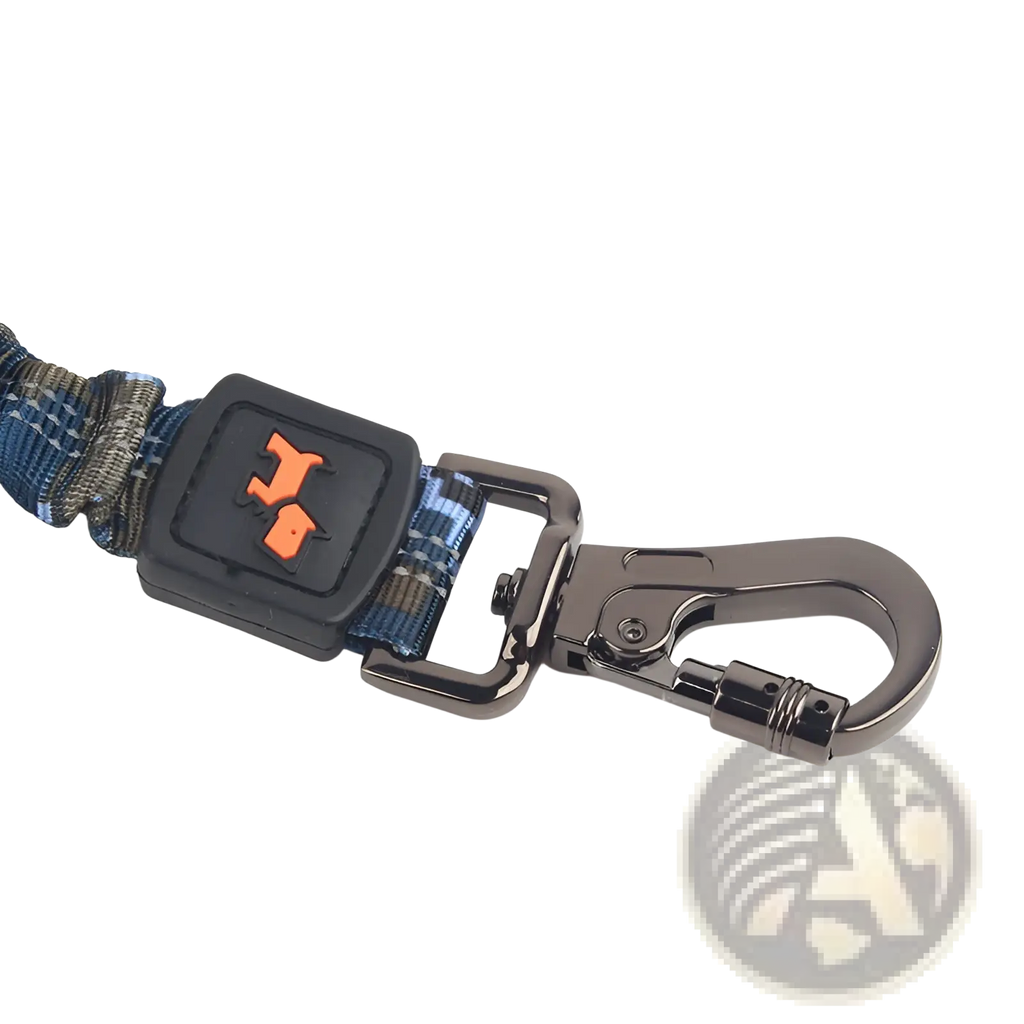 Elastic large dog leash made of blue and green plaid nylon with black clip featuring orange dog silhouette