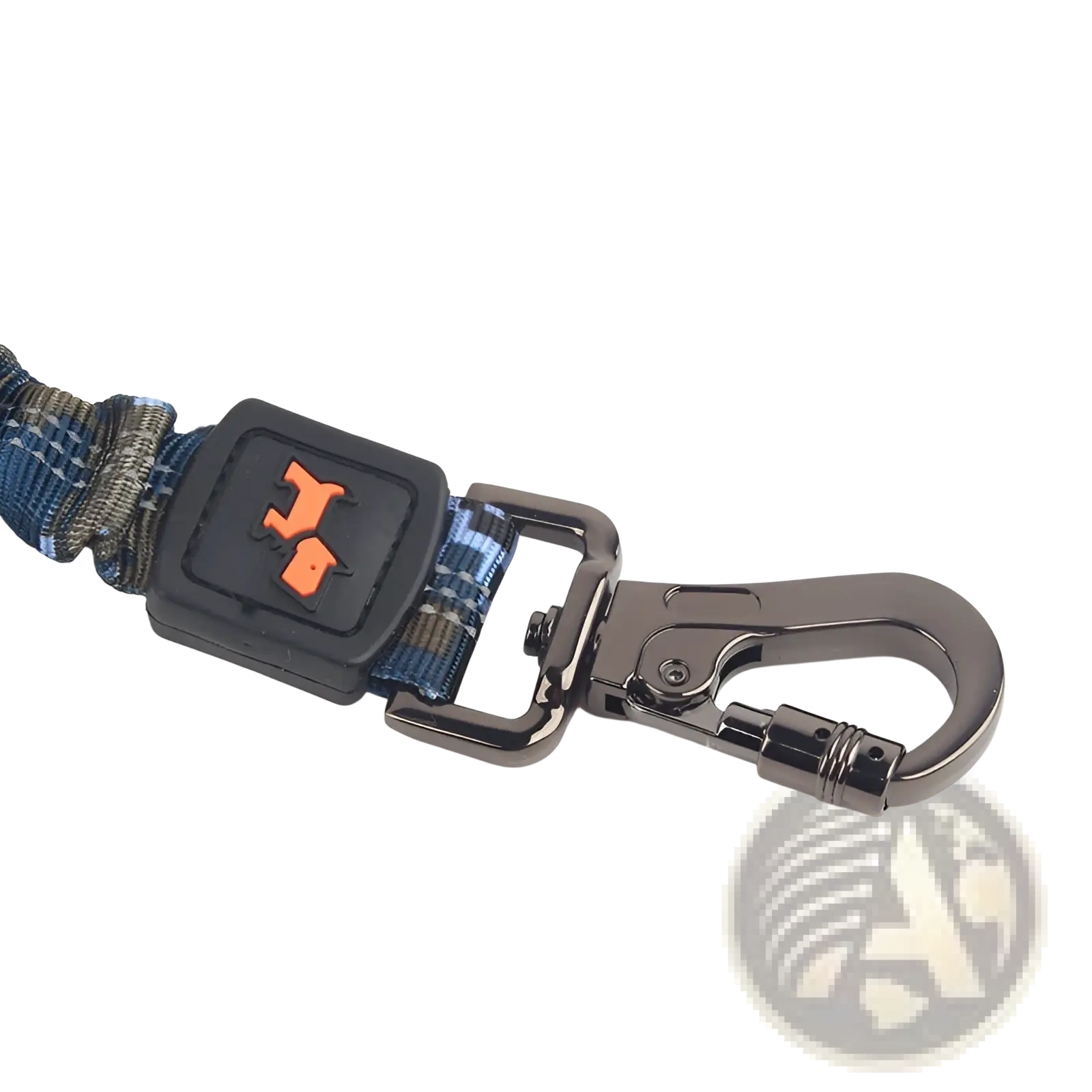 Elastic large dog leash made of blue and green plaid nylon with black clip featuring orange dog silhouette
