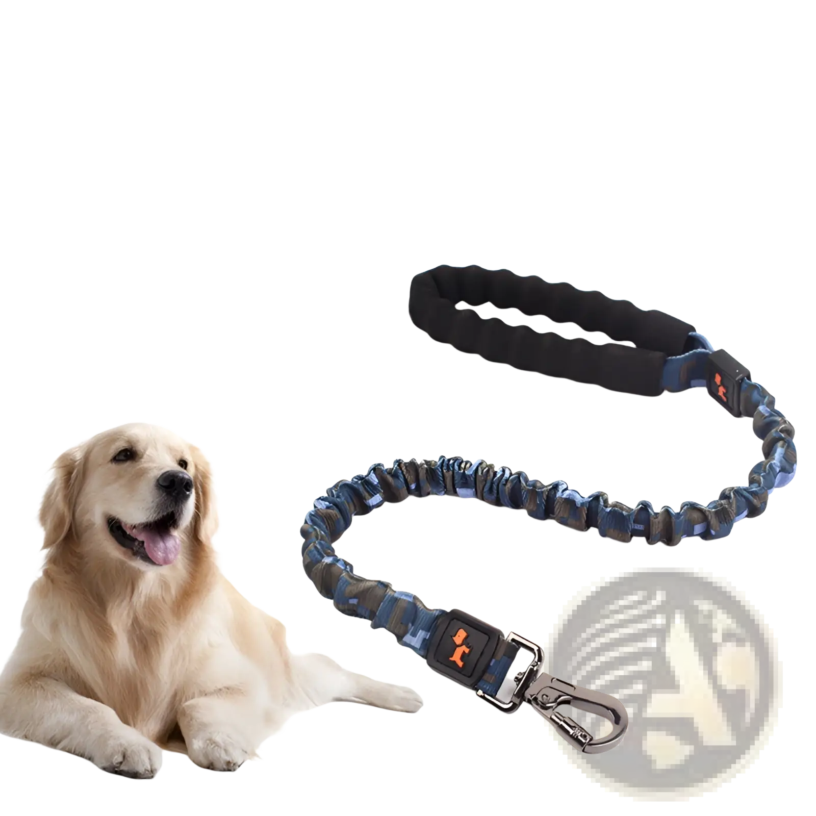 Blue camouflage-patterned elastic large dog leash with black padded handle and metal clip for pet traction