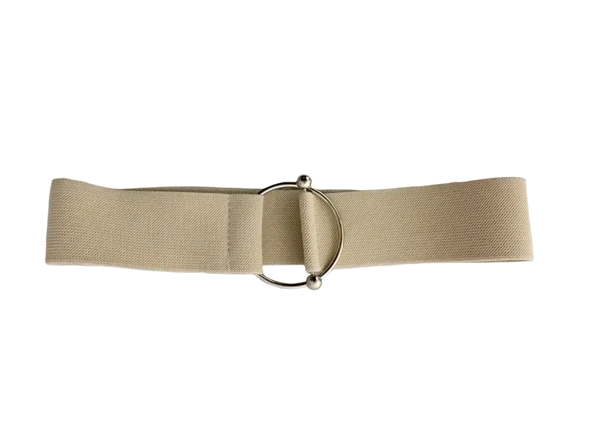 Beige elastic waist belt set with a sleek silver-toned round buckle for women