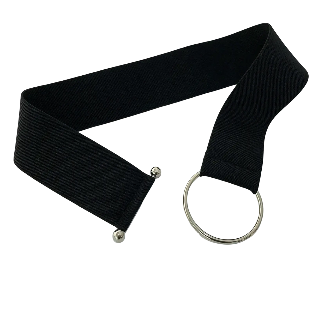 Black elastic waist belt set with silver-toned round buckle and matching metallic ball tips for women