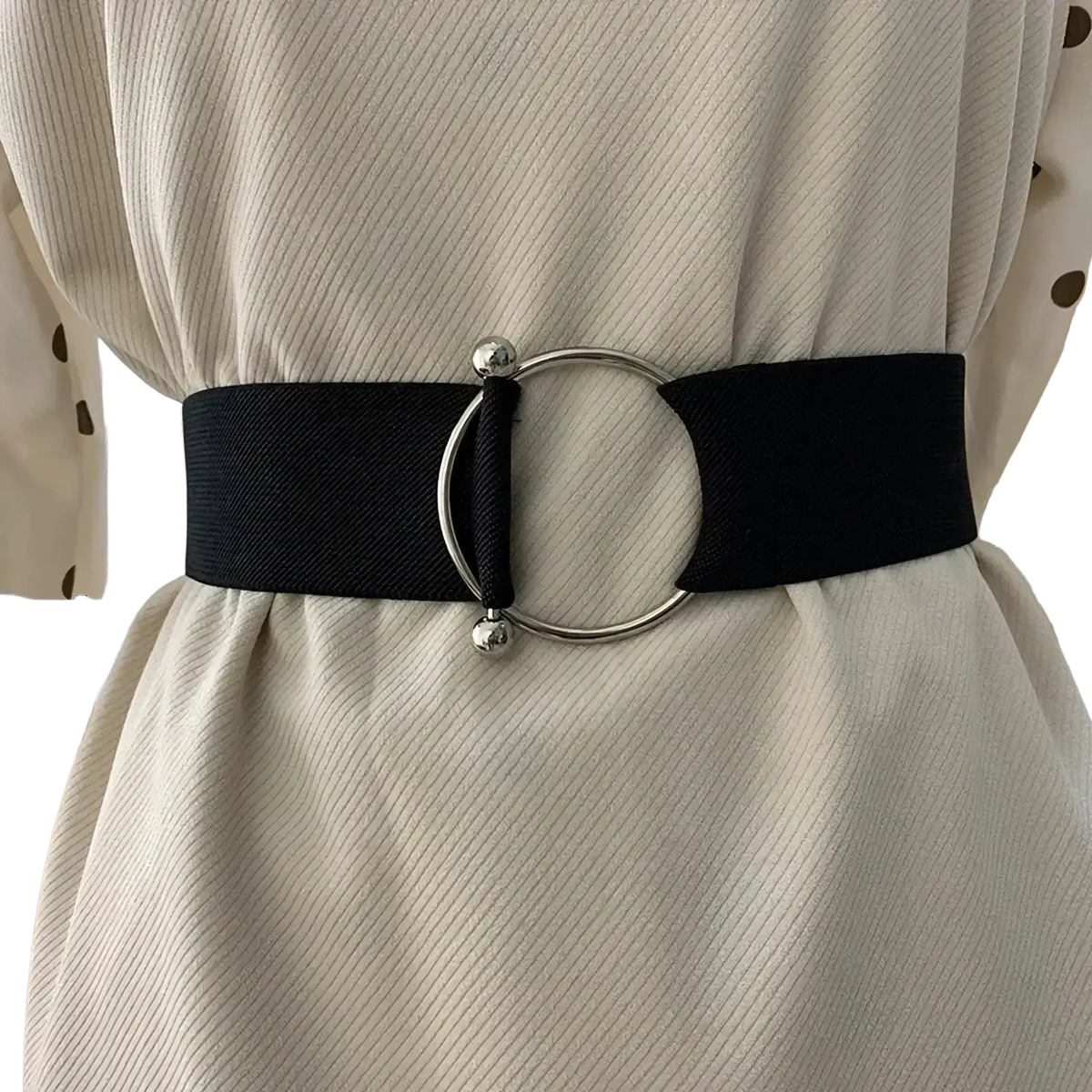 Black elastic waist belt with silver round buckle and two small spherical accents for women