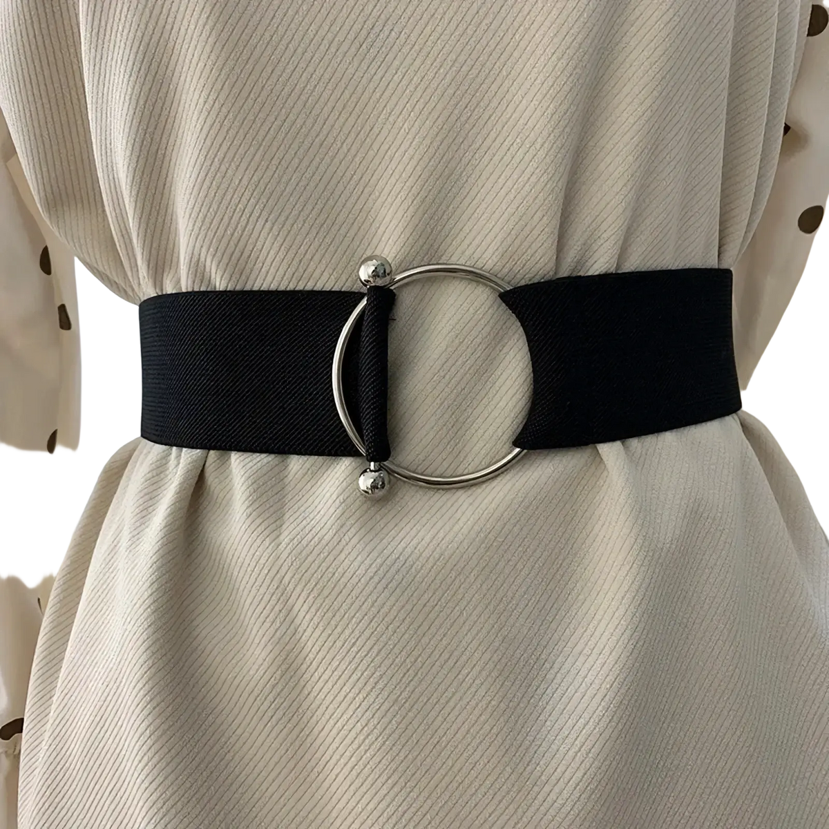 Black elastic waist belt for women with a silver round buckle and small spherical accents