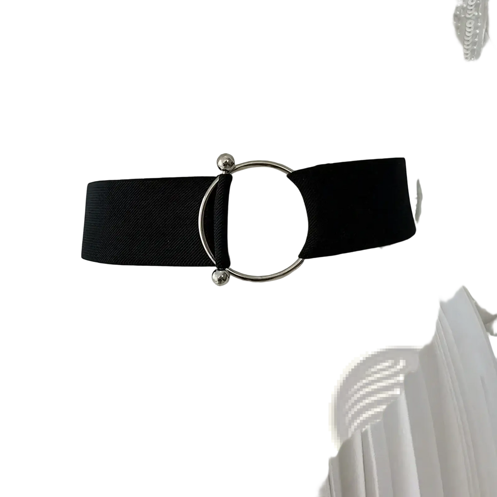 Black elastic waist belt for women with sleek silver round buckle and small spherical accents for stylish fit