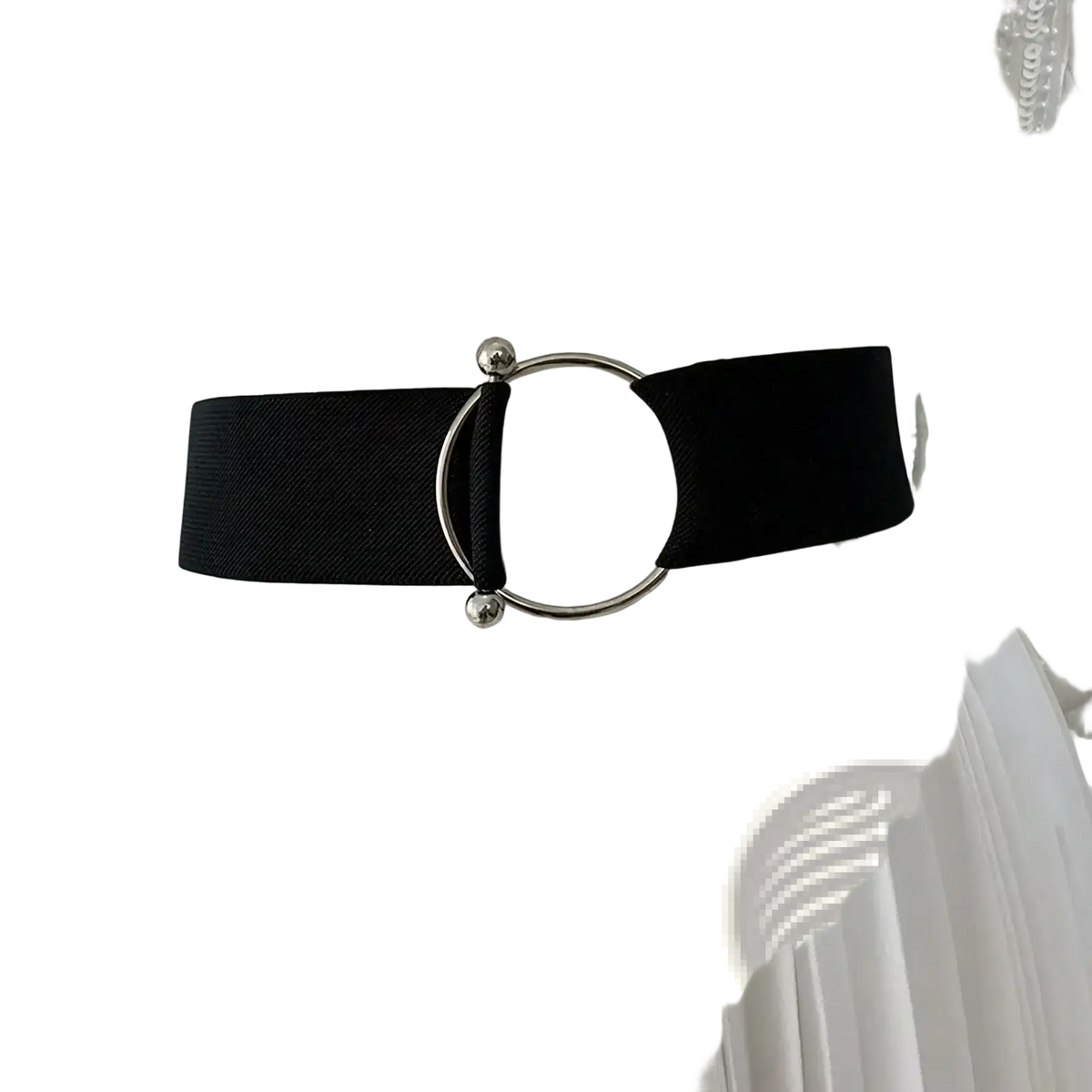 Black elastic waist belt for women with sleek silver round buckle and small spherical accents for stylish fit