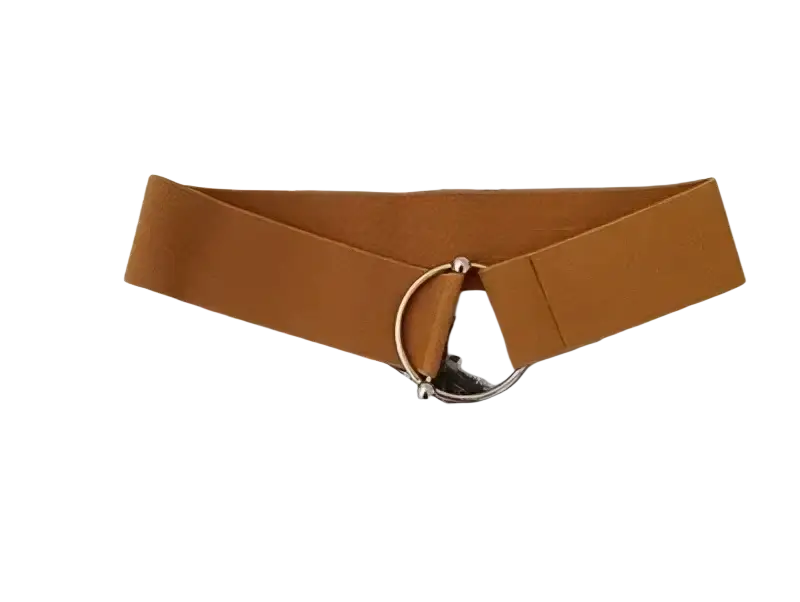 Tan elastic waist belt set for women featuring a silver-toned round buckle and stretchy material for comfort