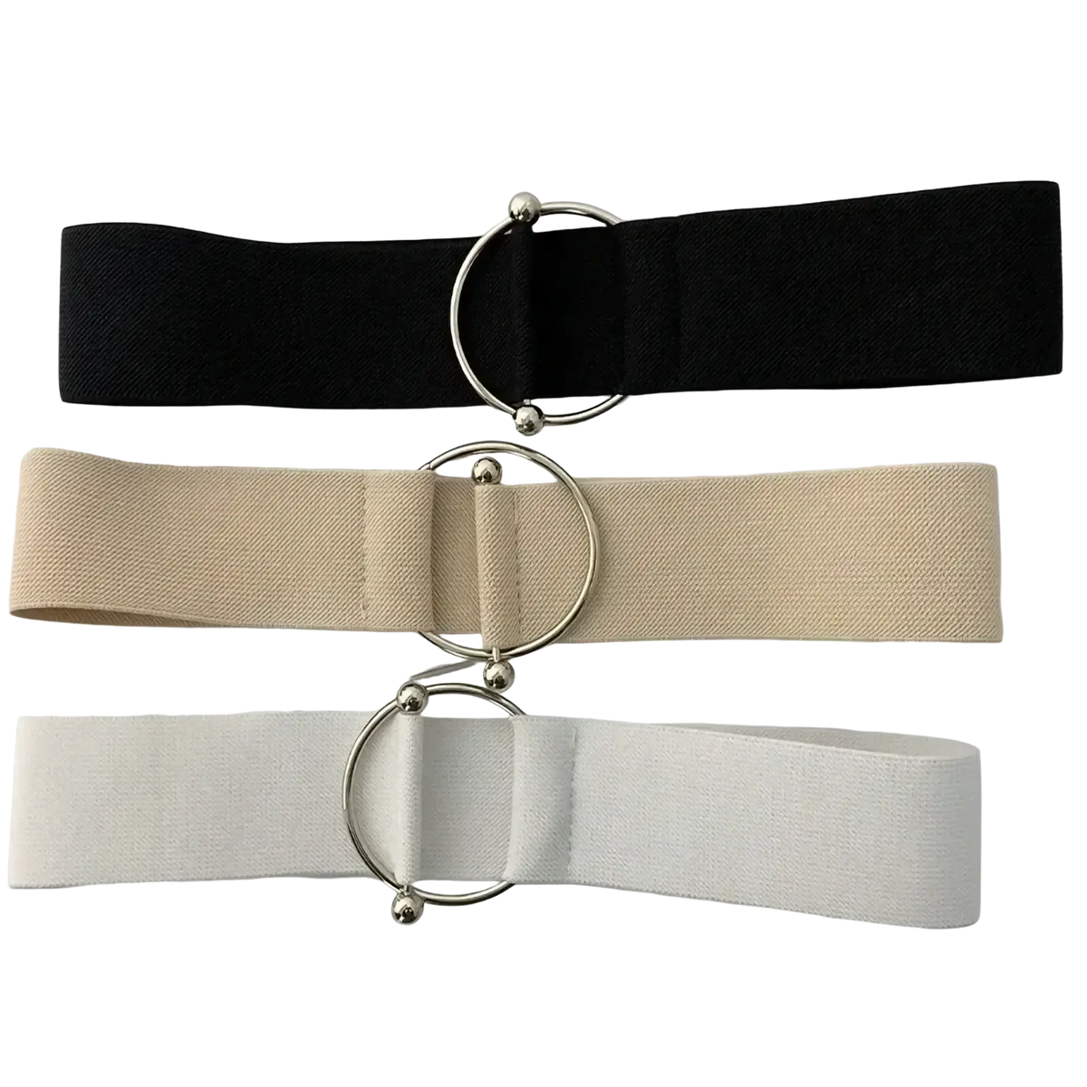 Three elastic waist belts in black beige and white with silver round buckles featuring small spherical accents
