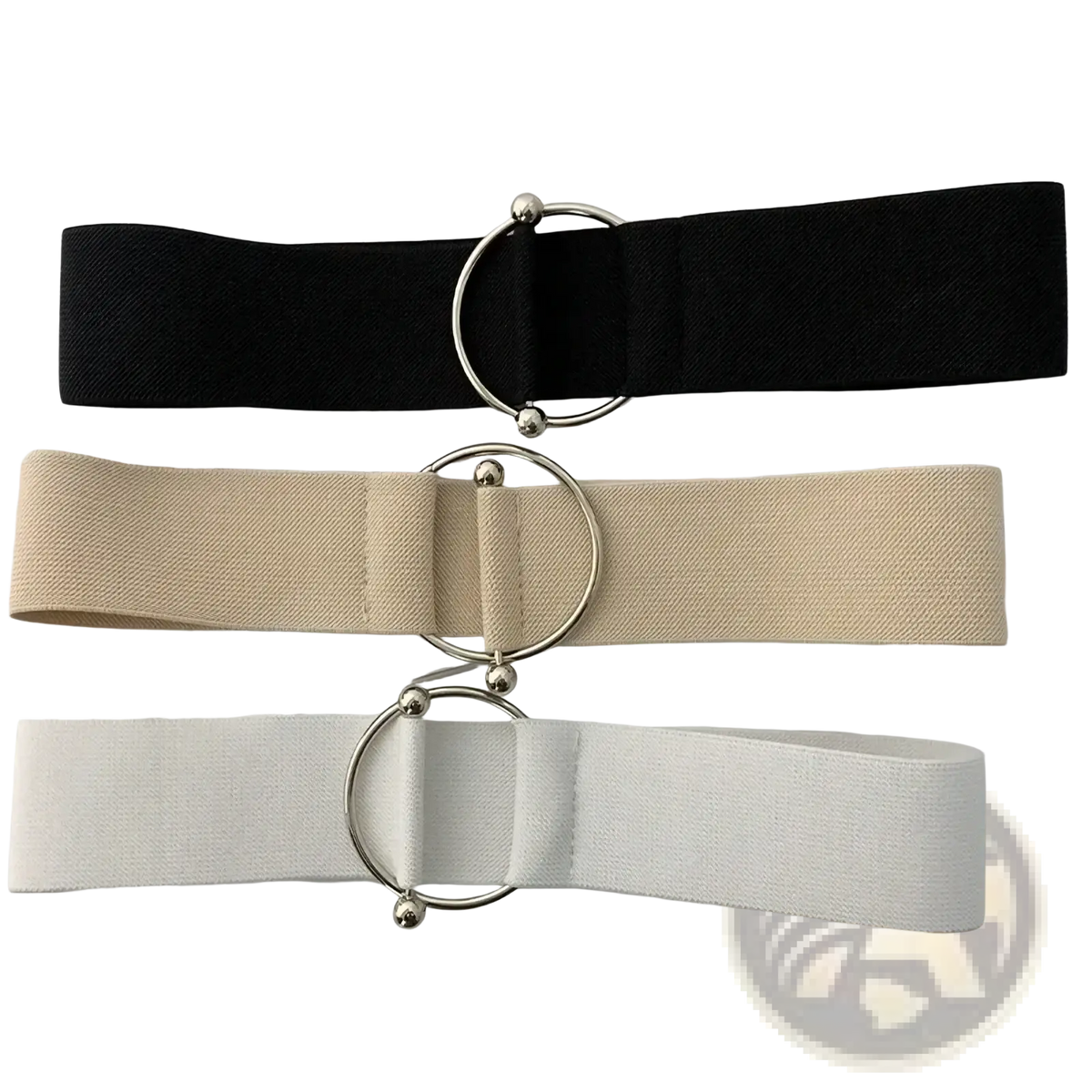 Elastic waist belt set for women with round silver-toned buckles in black beige and white colors