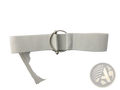 A sleek off-white elastic waist belt set with a minimalist silver-toned round buckle for women