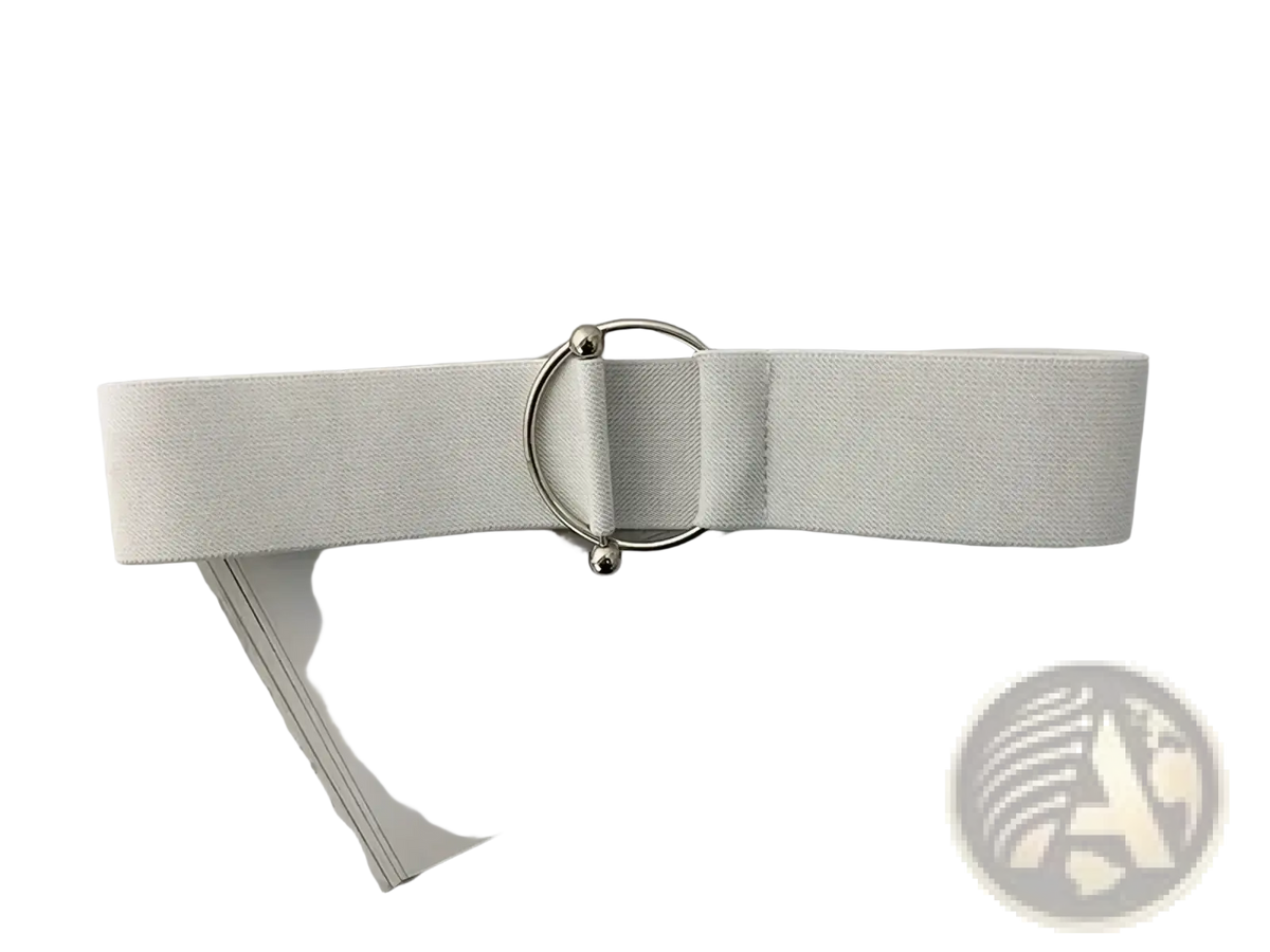 A sleek off-white elastic waist belt set with a minimalist silver-toned round buckle for women
