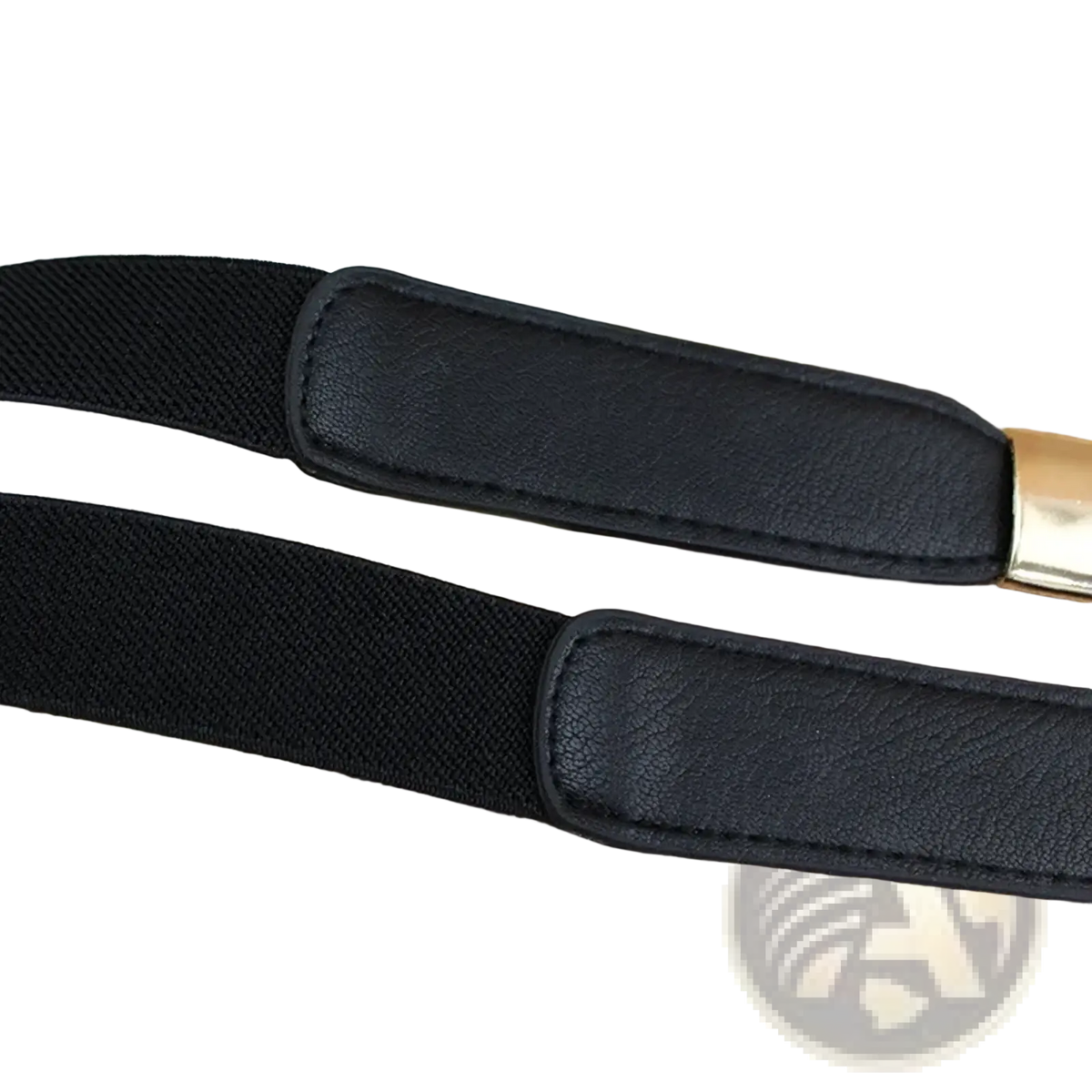 Black elastic women dress belt with faux leather ends and gold tone metal buckle for stylish waist cinching