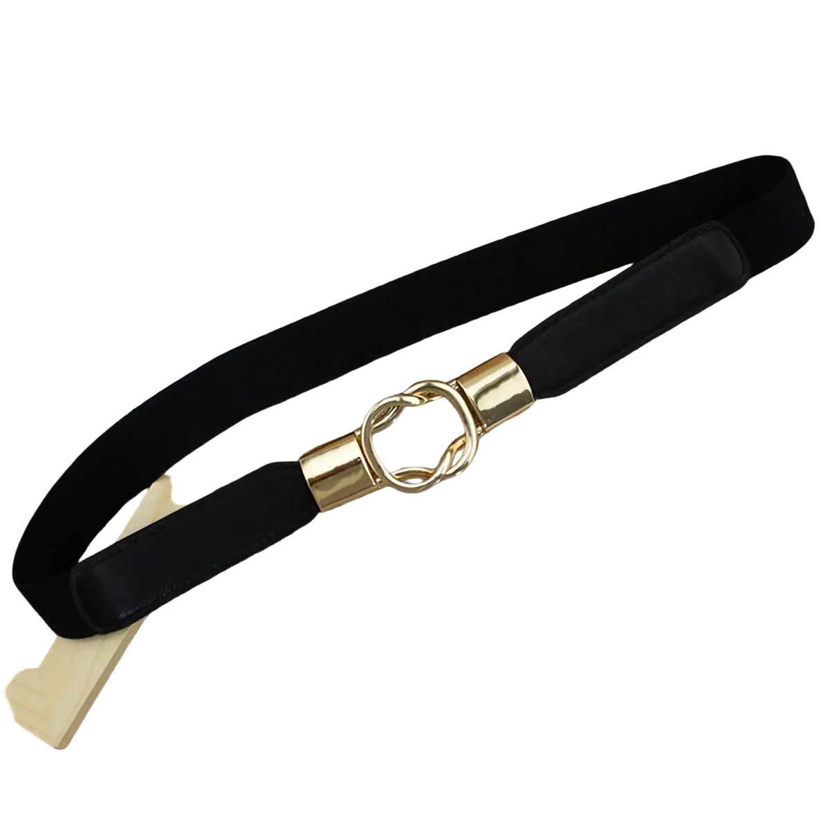 Black elastic women dress belt with gold-toned metal interlocking ring buckle for versatile styling