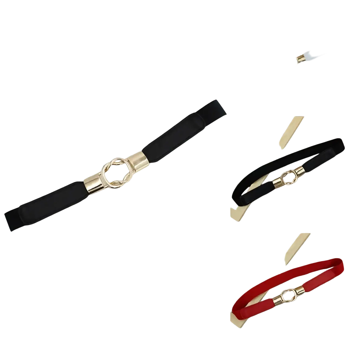 Black elastic women dress belt with gold toned metal circular buckle for elastic women dress adjustment