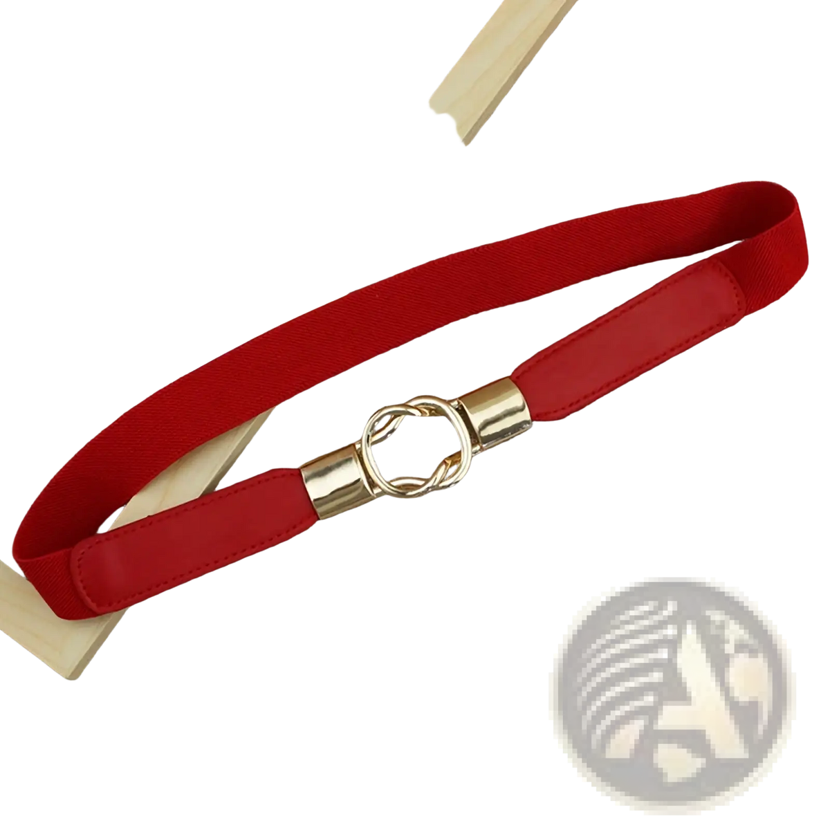 Red elastic women dress belt with gold-toned metal interlocking ring buckle for a stylish fit