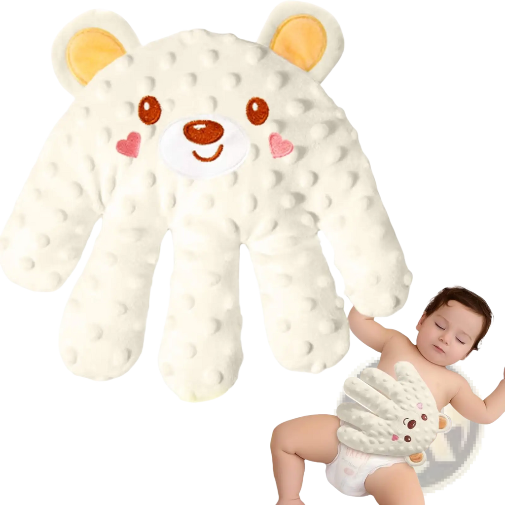 Cream-colored plush bear-shaped electric baby soothing palm automatic patting toy with textured surface and embroidered face