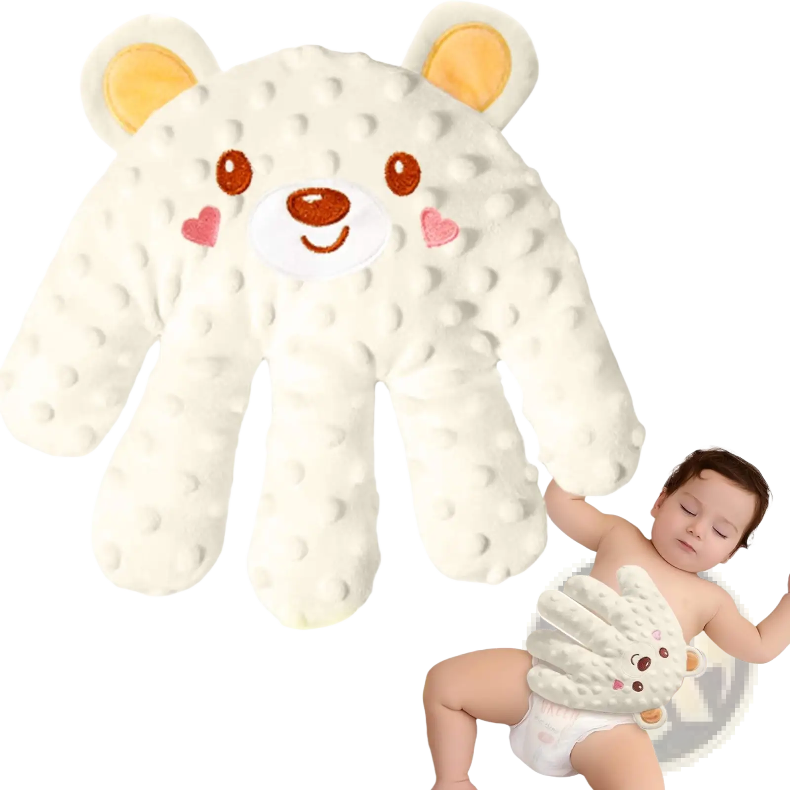 Cream-colored plush bear-shaped electric baby soothing palm automatic patting toy with textured surface and embroidered face