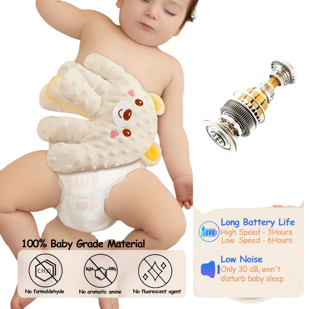 Soft white plush bunny-shaped electric baby soothing palm patting toy with embroidered pink hearts and yellow ears
