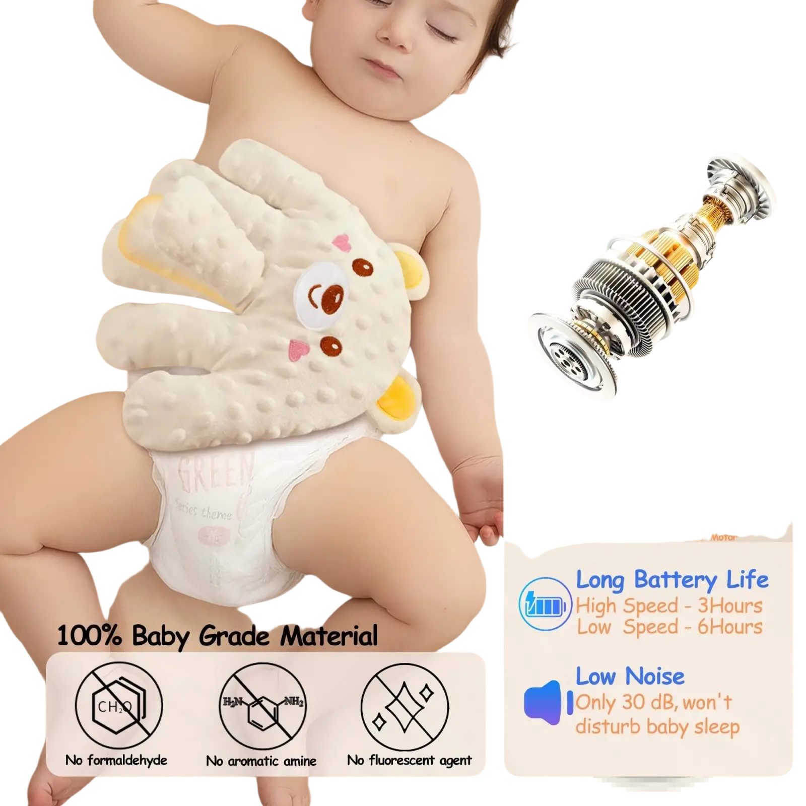 Soft white plush bunny-shaped electric baby soothing palm patting toy with embroidered pink hearts and yellow ears