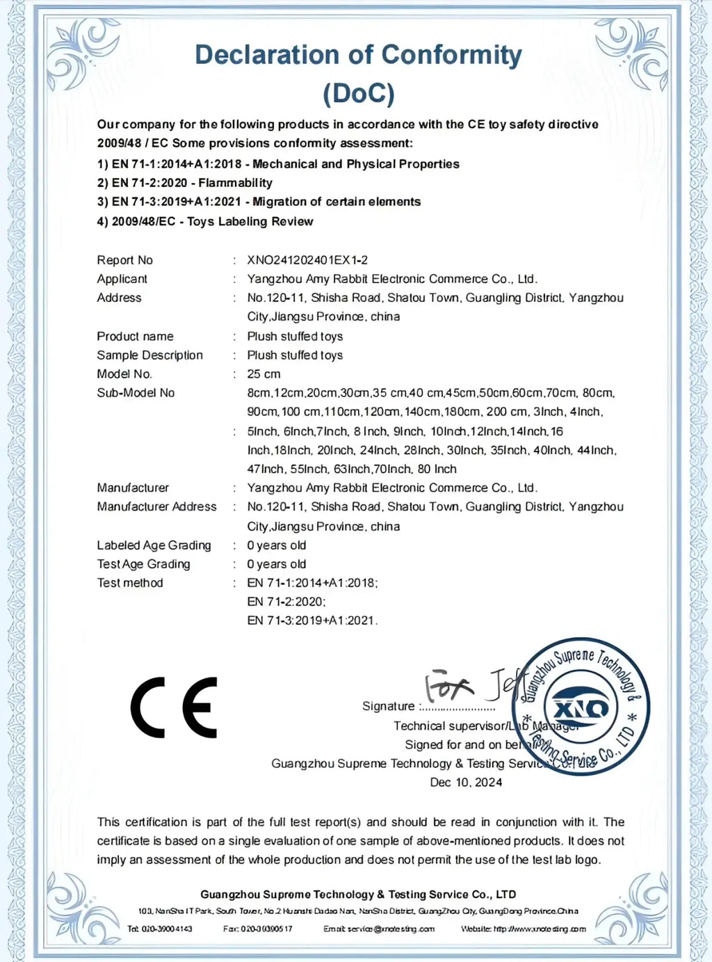 Ce-marked conformity declaration document for electric baby soothing palm automatic patting toy plush stuffed toys