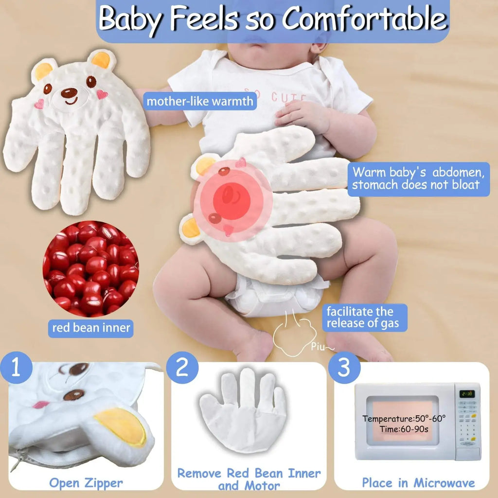 White plush bear-shaped electric baby soothing palm glove with red bean inner and yellow paw details for patting