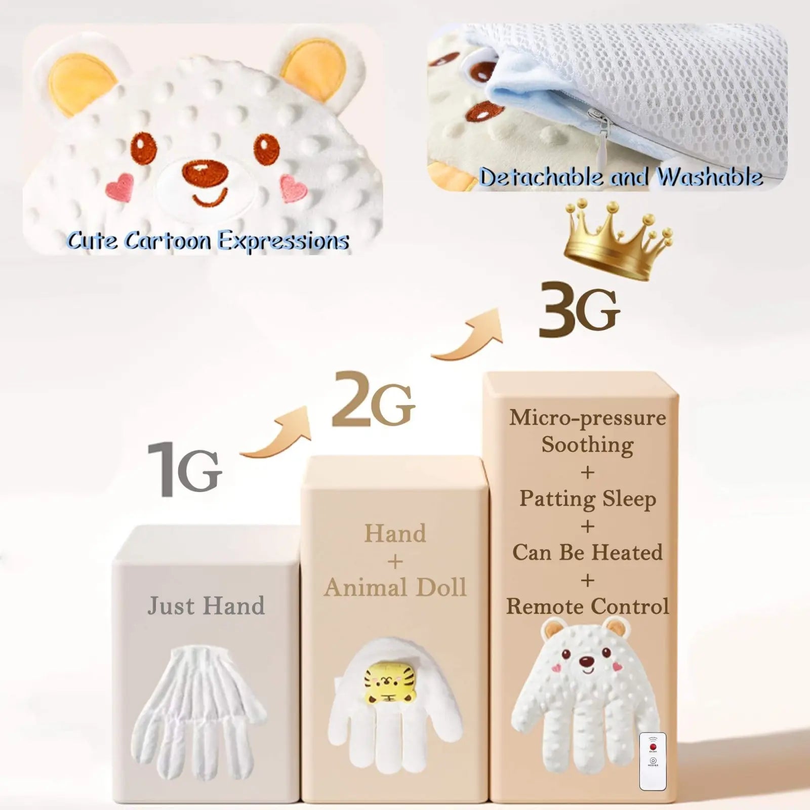 Electric baby soothing palm plush massage glove in white with yellow ears and pink heart cheeks with washable mesh cover