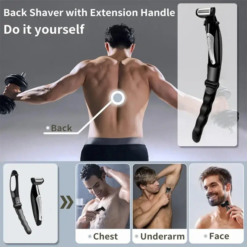 Black electric back hair shaver for men with extension handle and adjustable cutting length in sleek ergonomic design