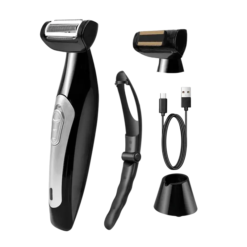 Electric back hair shaver for men in black and silver with adjustable cutting length and interchangeable heads