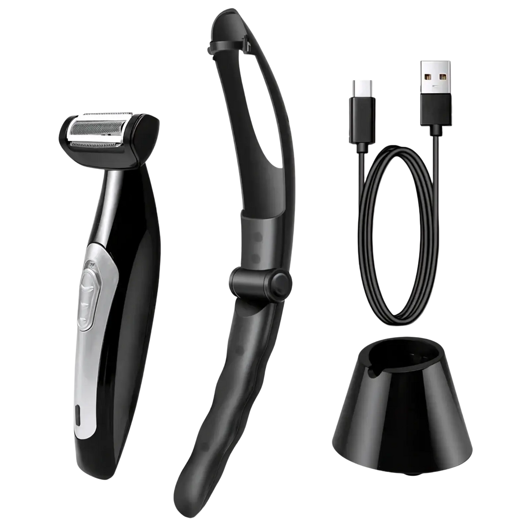 Black and silver electric back hair shaver for men with adjustable cutting length curved handle charging stand and cable