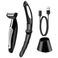 Black and silver electric back hair shaver for men with adjustable cutting length curved handle charging stand and cable