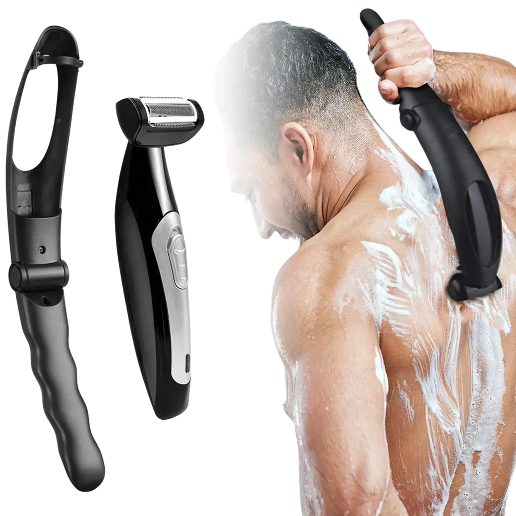 Black and silver electric body shaver for men with ergonomic grip and adjustable cutting length for back hair removal
