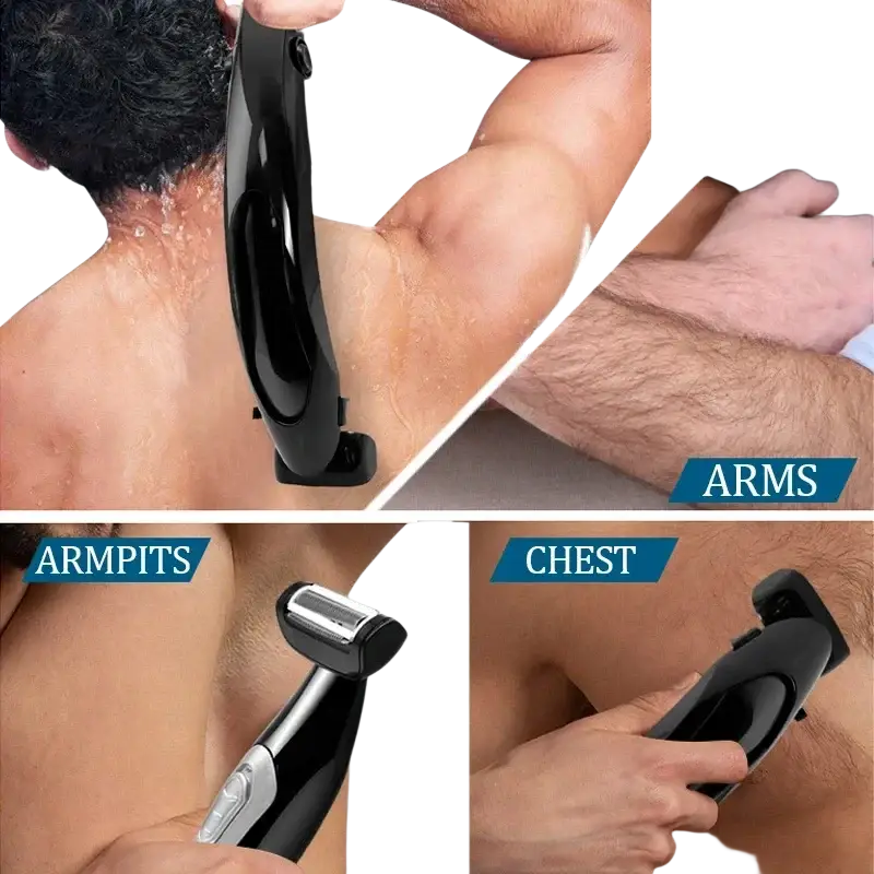 Black and silver electric body shaver with adjustable head for men featuring customizable cutting length for grooming