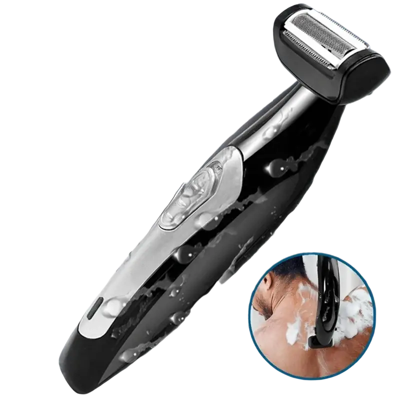Black and silver electric back hair shaver for men with adjustable cutting length and wet and dry washable design