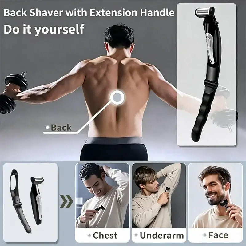 Black electric back shaver with extension handle metallic blade ergonomic design and adjustable cutting length for men