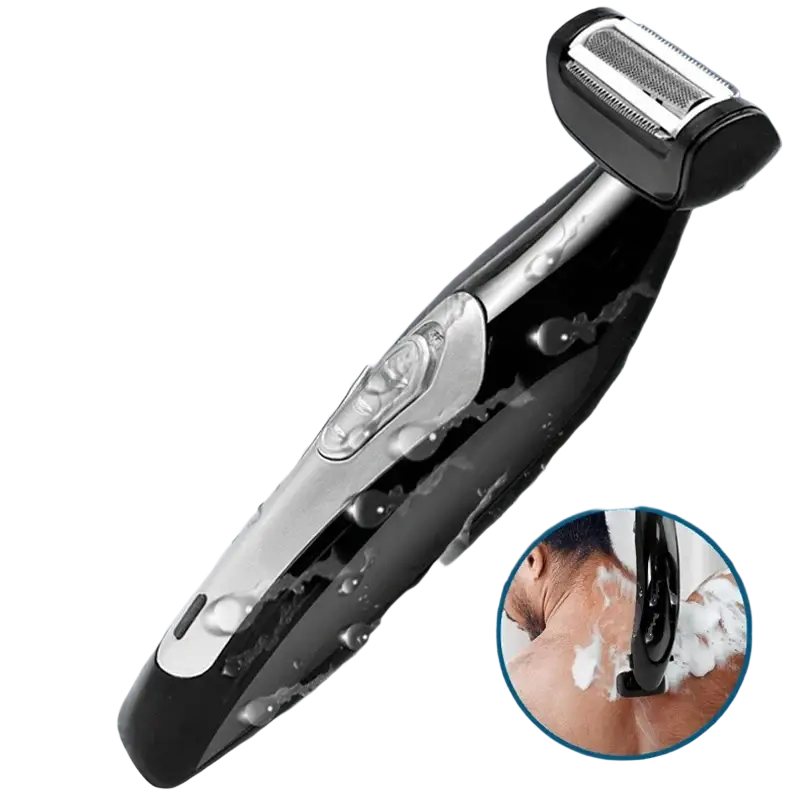 Black and silver electric back shaver for men with adjustable cutting length and ergonomic design for wet or dry use