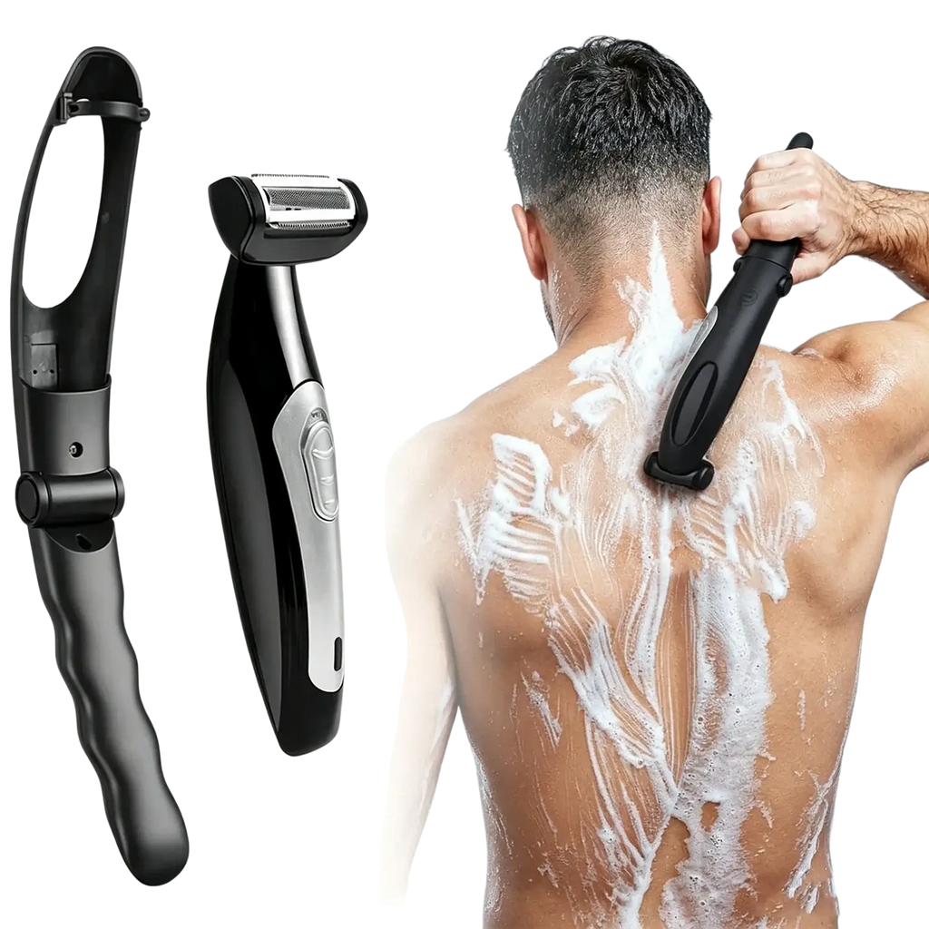 Electric back shaver for men in black and silver with ergonomic grip and adjustable cutting length feature
