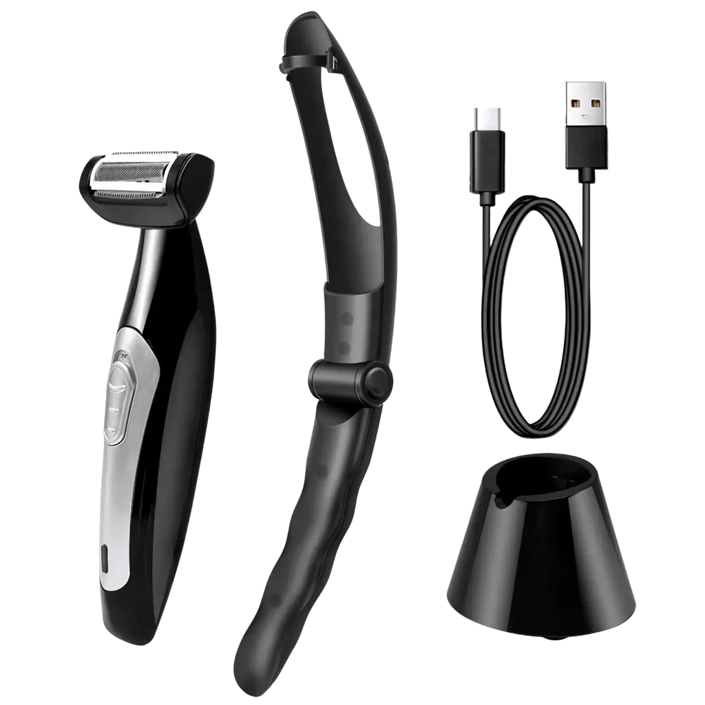 Black and silver electric back shaver for men with curved handle adjustable cutting length detachable head charging stand