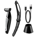 Black and silver electric back shaver for men with curved handle adjustable cutting length detachable head charging stand