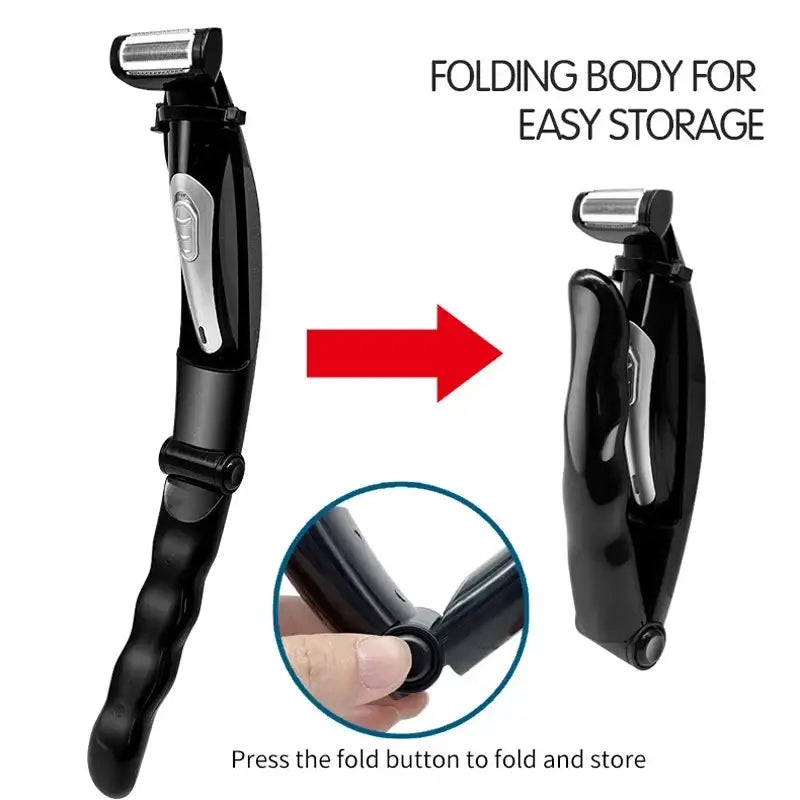 Black and silver folding electric back shaver for men with ergonomic grip and adjustable cutting length settings