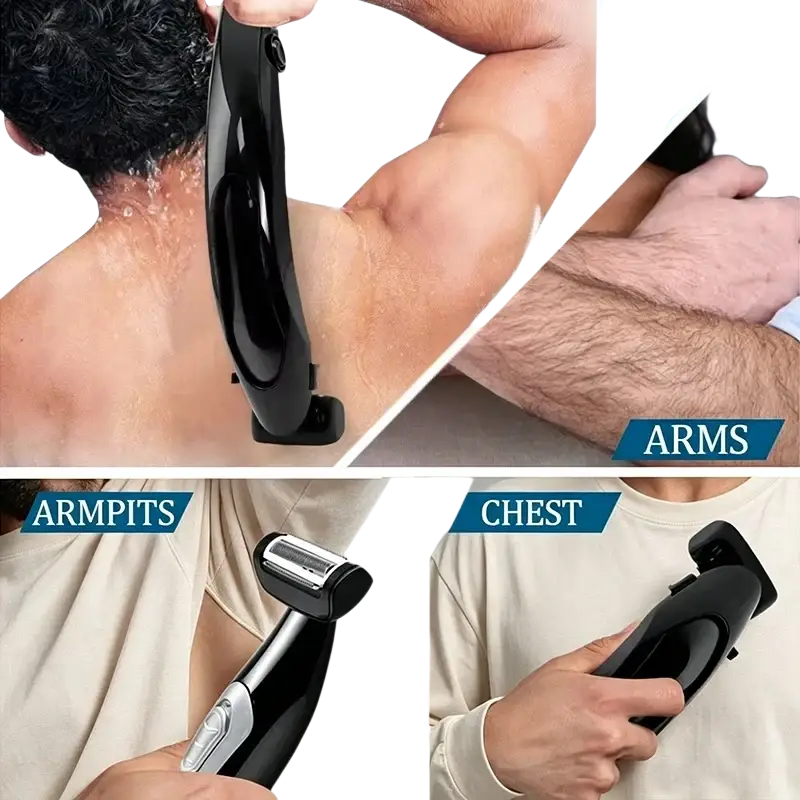 Black and silver electric back shaver for men with adjustable cutting length for back arms armpits and chest use