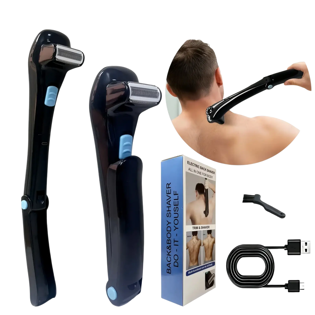 Black electric back shaver with blue accent buttons and extended handle for men rechargeable body grooming