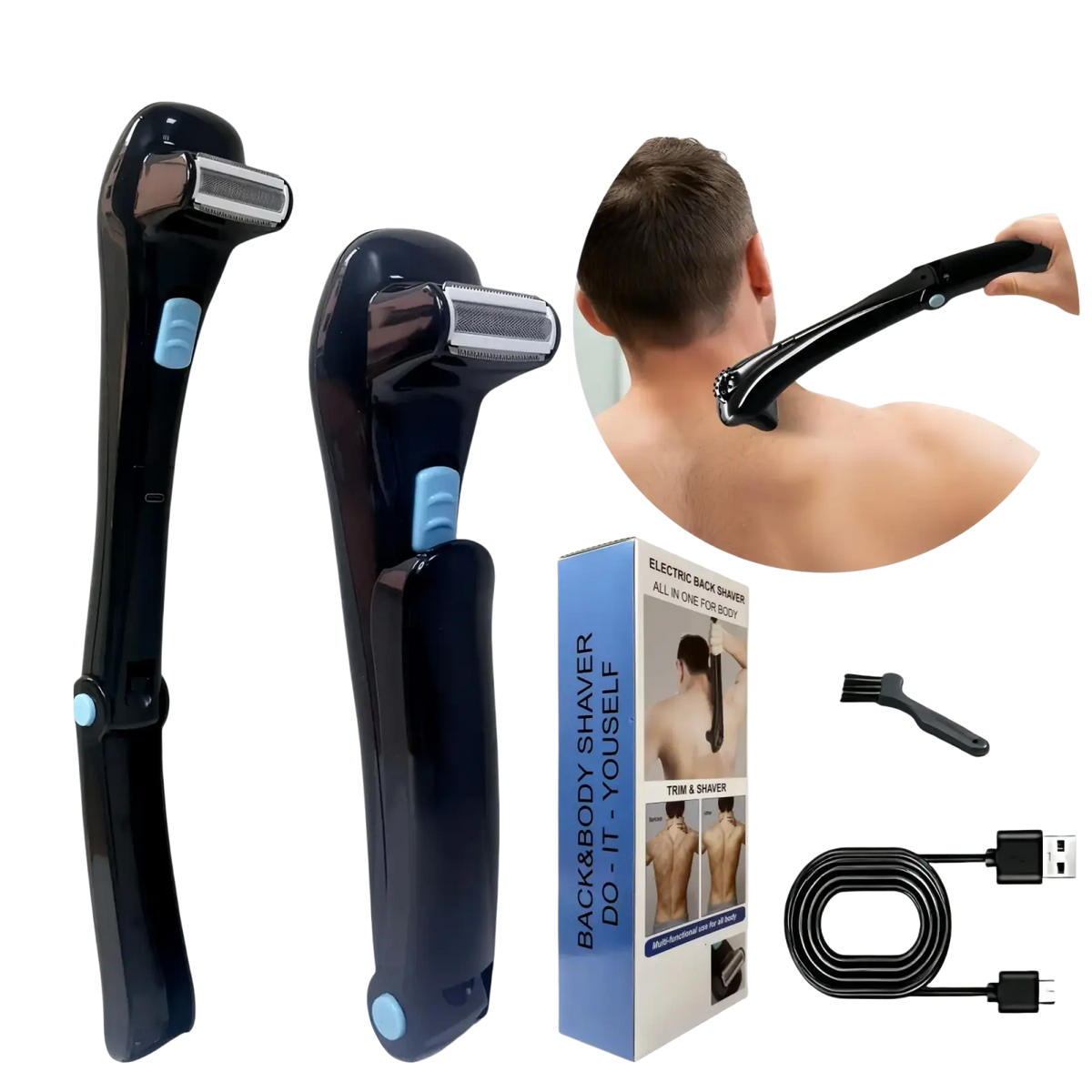 Black electric back shaver with blue accent buttons and extended handle for men rechargeable body grooming