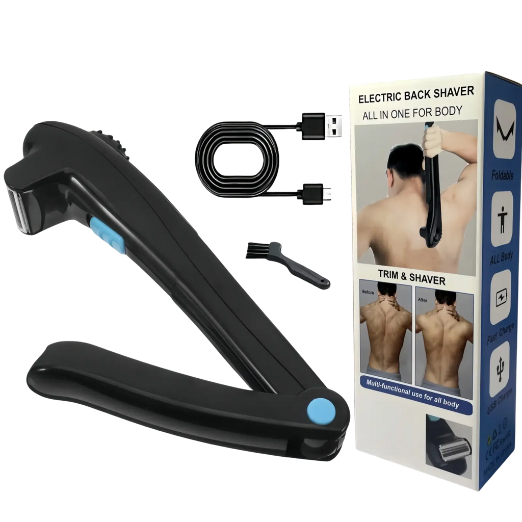 Black electric back shaver for men with blue accent buttons and foldable rechargeable body groomer design shown from back side
